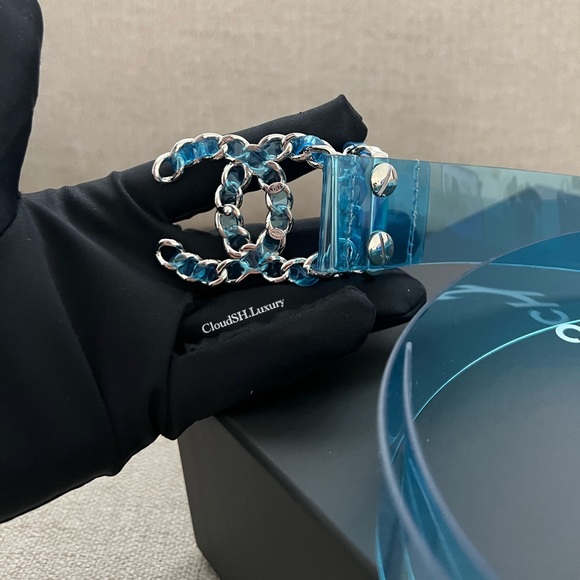 Authentic Chanel CC Logo Runway Blue PVC Belt  Sz.80 - New - Picture 5 of 10